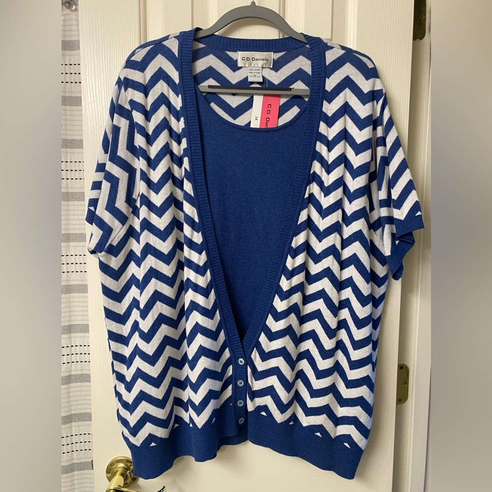 Cathy Daniel’s Blue and White Chevron Short Sleeve Sweater w/Mock Top Size 3X